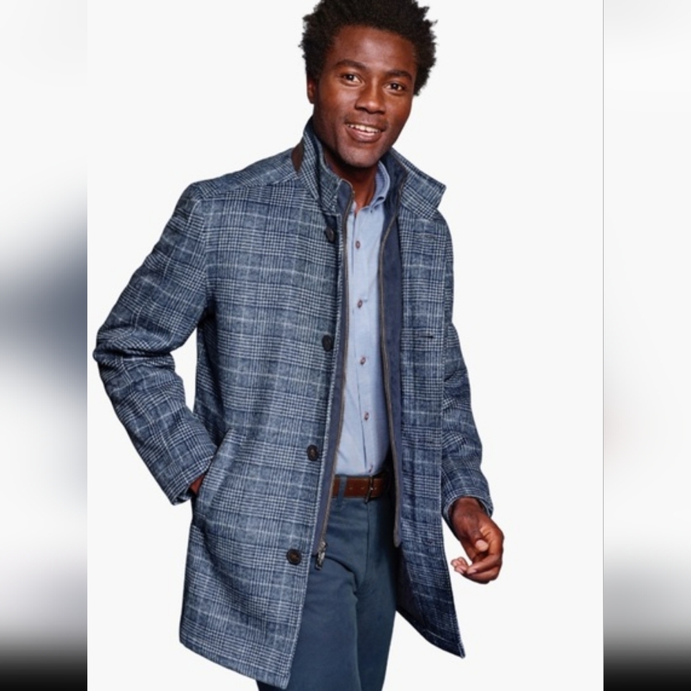 Johnston & Murphy Upton Men's Blue Plaid Wool-Blend Car Coat - Picture 2 of 8